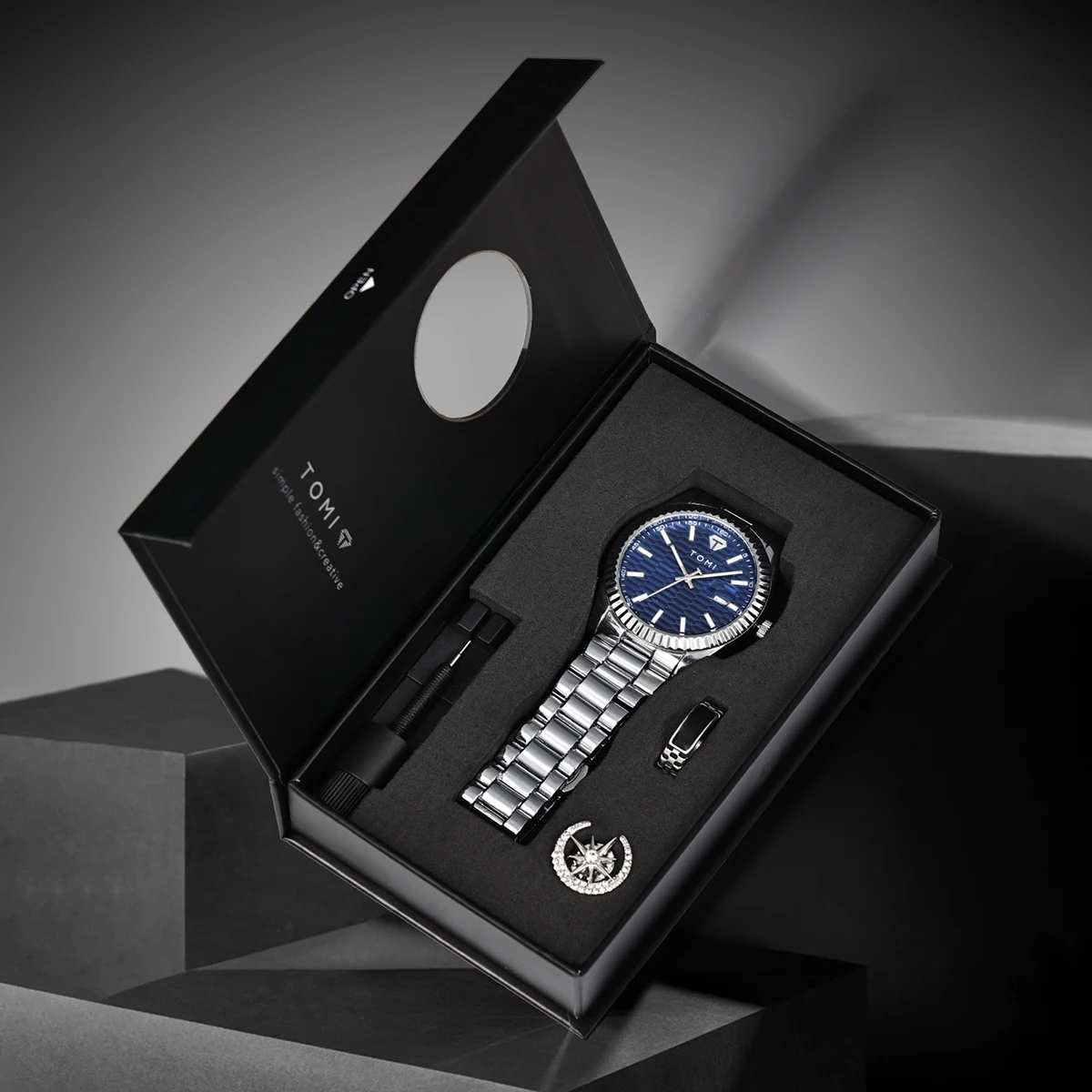 TOMI New Men's Watch Brooch Ring Gift Box Set Luxury Business Stainless Steel Strap Men's Calendar Casual Quartz Watch Reloj thumbnail 6