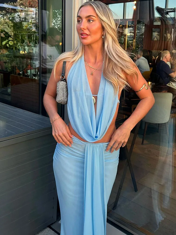 Sisterlinda Mesh High Street 2Piece Set Solid Sexy Stunning Lace UP Draped Swinging Neck Chic Tank+Maxi Skirts Mujer Party Suits thumbnail 3