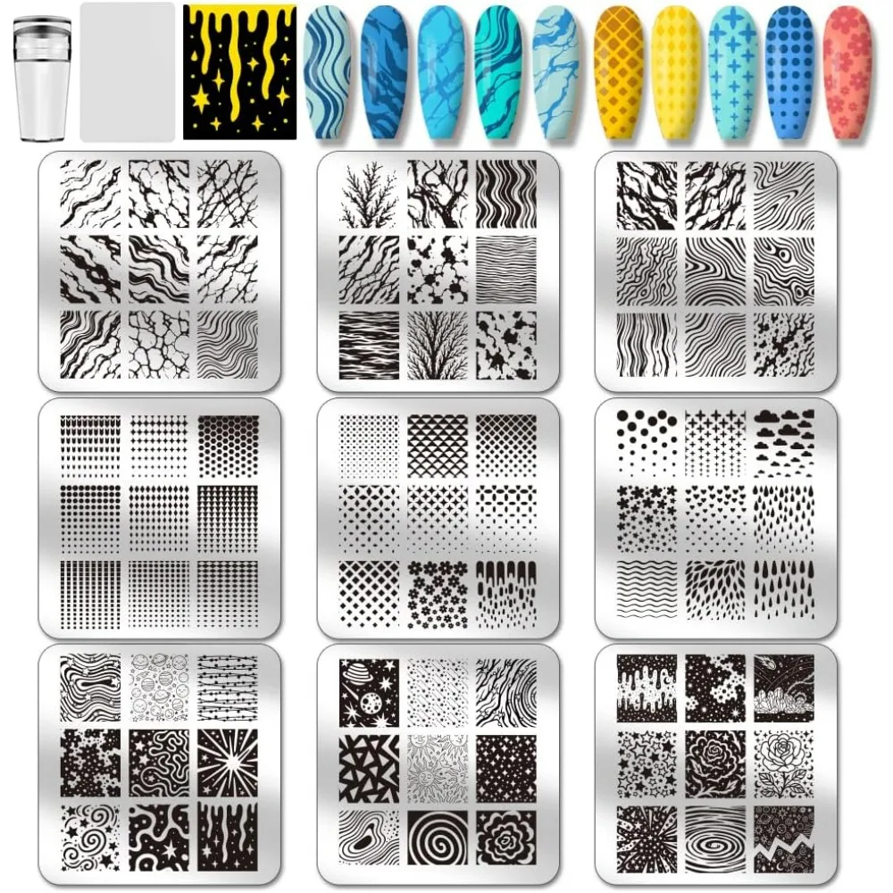 9pcs Marble Texture Nail Stamping Plates Line Graffiti Nail Art Designs Gradient Pattern Manicure Art Templates with Stamper