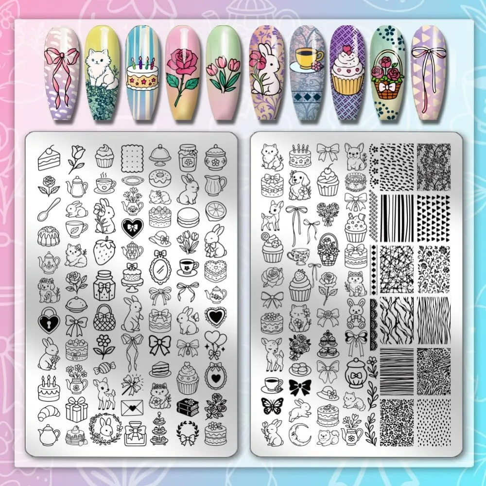2pcs Cute Animals Nail Stamping Plates Bunny Cats Art Templates Afternoon Tea Theme Dessert Manicure Art for Manicures thumbnail 3