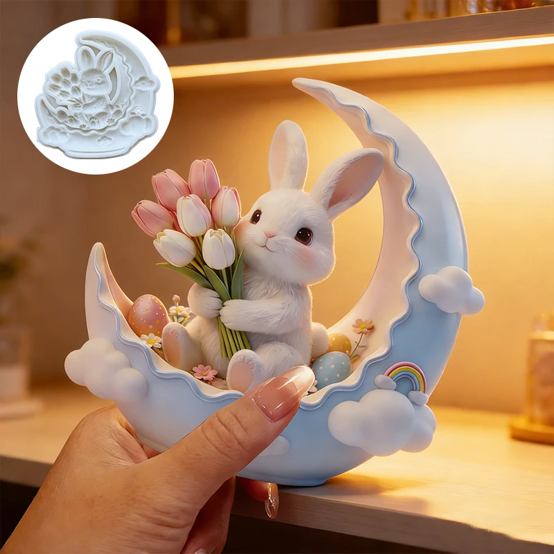 Flower and rabbit silicone molds on the moon, reusable resin molds, clay and gypsum molds, DIY decorative handmade molds thumbnail 3
