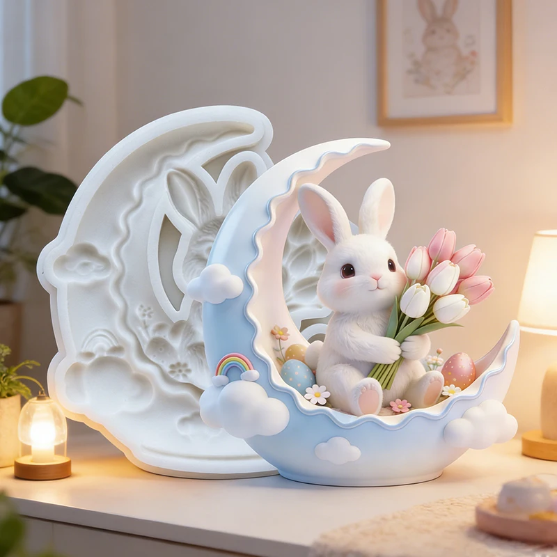 Flower and rabbit silicone molds on the moon, reusable resin molds, clay and gypsum molds, DIY decorative handmade molds thumbnail 5