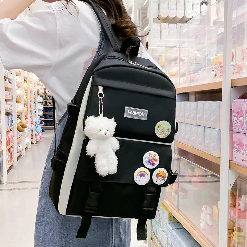 Student Outdoor Travel Large Capacity Backpack Set Simple Versatile Double Shoulder Bag Cute Pendant Tutoring Bag Canvas Mate... thumbnail 4