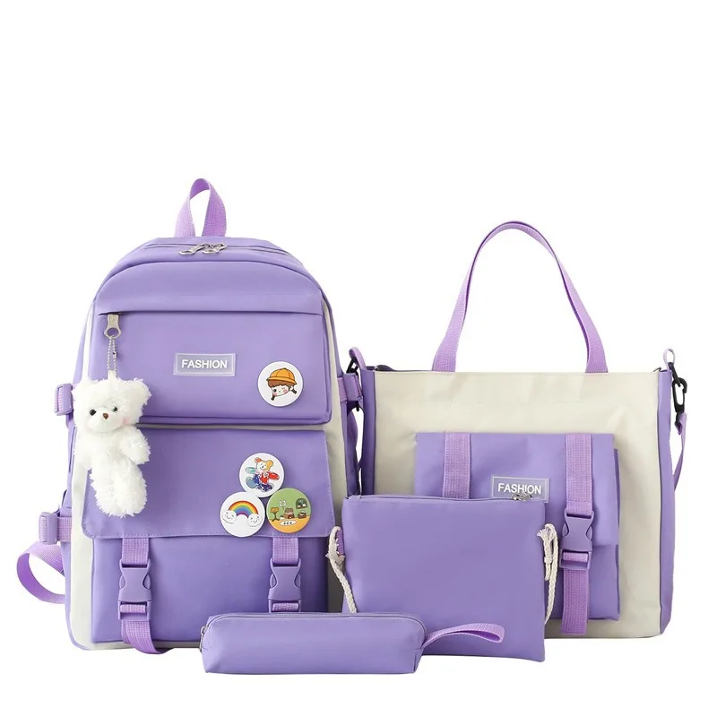 Student Outdoor Travel Large Capacity Backpack Set Simple Versatile Double Shoulder Bag Cute Pendant Tutoring Bag Canvas Mate... thumbnail 5