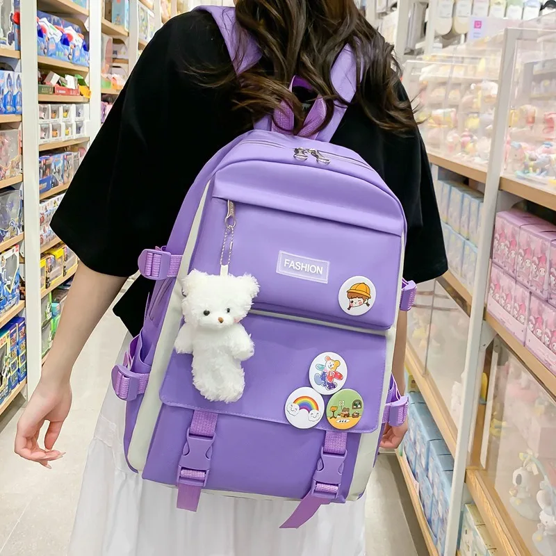 Student Outdoor Travel Large Capacity Backpack Set Simple Versatile Double Shoulder Bag Cute Pendant Tutoring Bag Canvas Mate... thumbnail 3