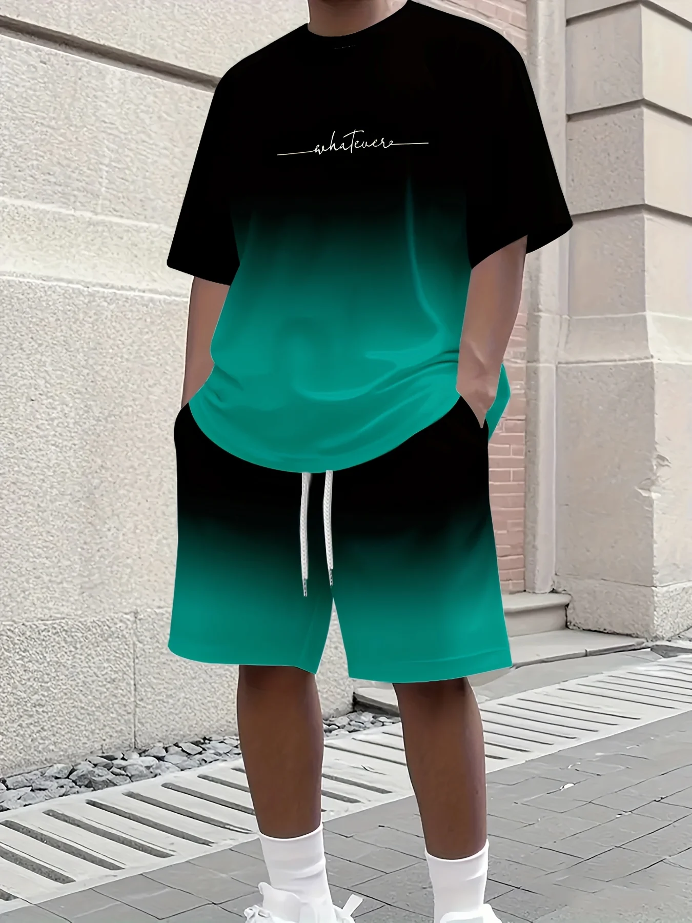 Summer Gradient Color Athletic T-Shirt and Shorts Set Stylish Men's Quick-Dry Athletic Short-Sleeve Top with Drawstring Shorts thumbnail 2