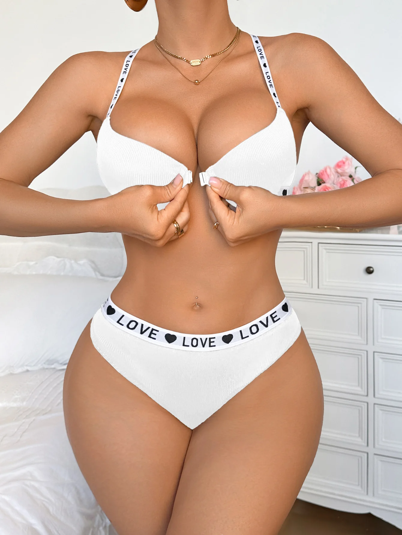 New Ribbed Women's Underwear Set Letter Strap Underwear Front-Clasp Push-Up Bra Comfy Daily Female Bra Set thumbnail 3