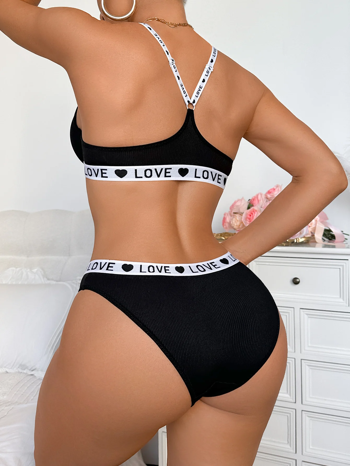 New Ribbed Women's Underwear Set Letter Strap Underwear Front-Clasp Push-Up Bra Comfy Daily Female Bra Set thumbnail 2