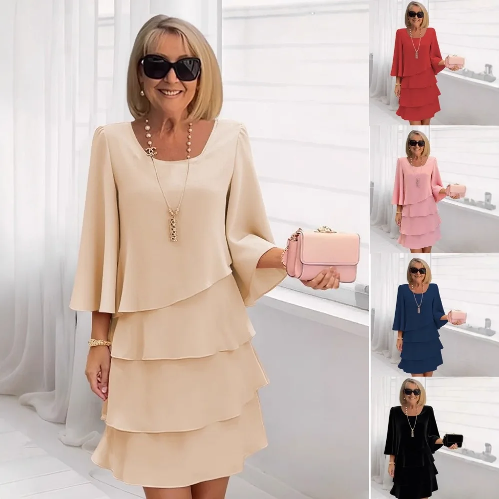 Women's Tiered Ruffle Bell Sleeve Shift Dress Square Neck Flowy Casual Gown for Elegant Daily Wear and Social Events ﻿