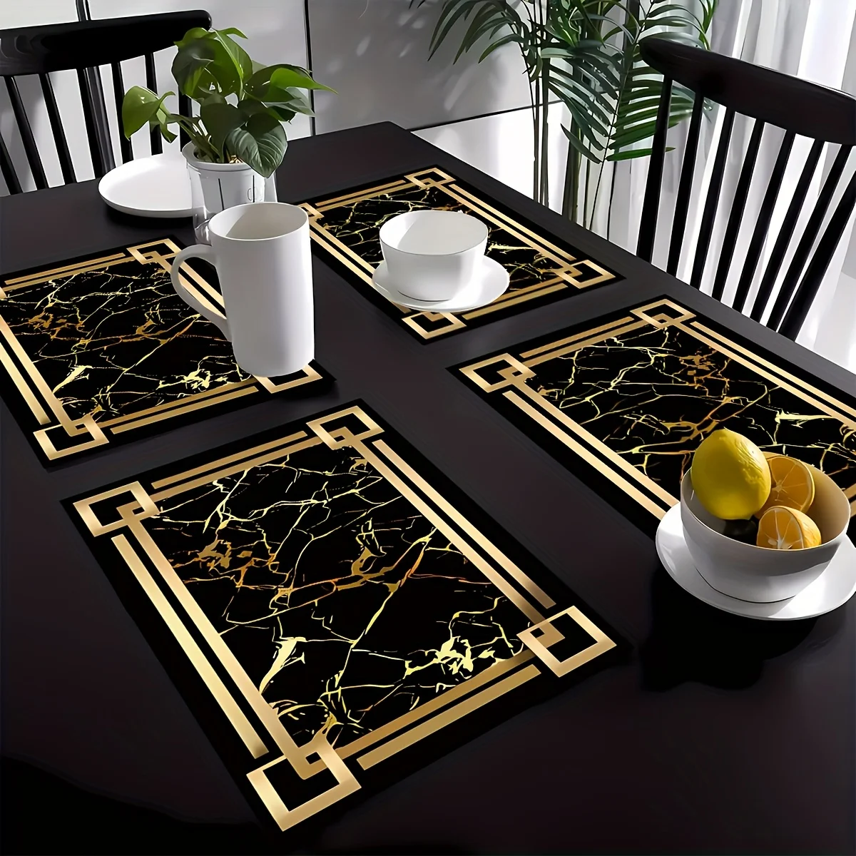 1pc Black and gold element patterned kitchen linen placemats, suitable for home dining table decoration, ideal gift decoration. thumbnail 2