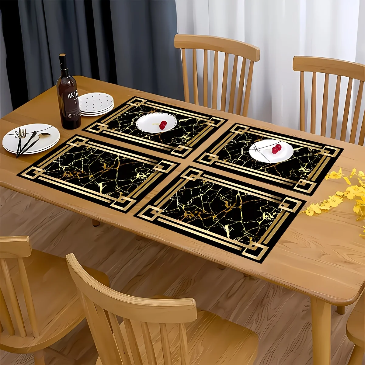 1pc Black and gold element patterned kitchen linen placemats, suitable for home dining table decoration, ideal gift decoration. thumbnail 5