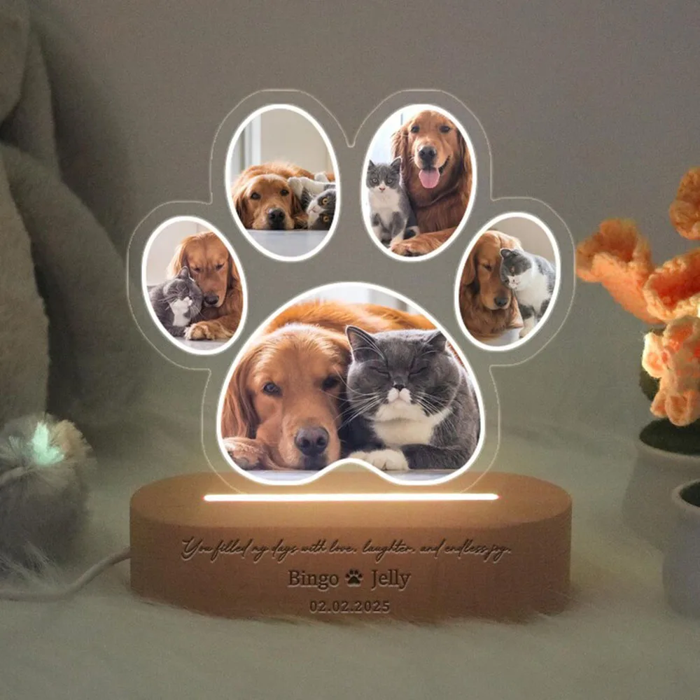 Custom Pet Photo Night Light Wooden Base Dog Memorial Remembrance Gift LED Soft Light Home Decoration Personalized Sympathy Gift