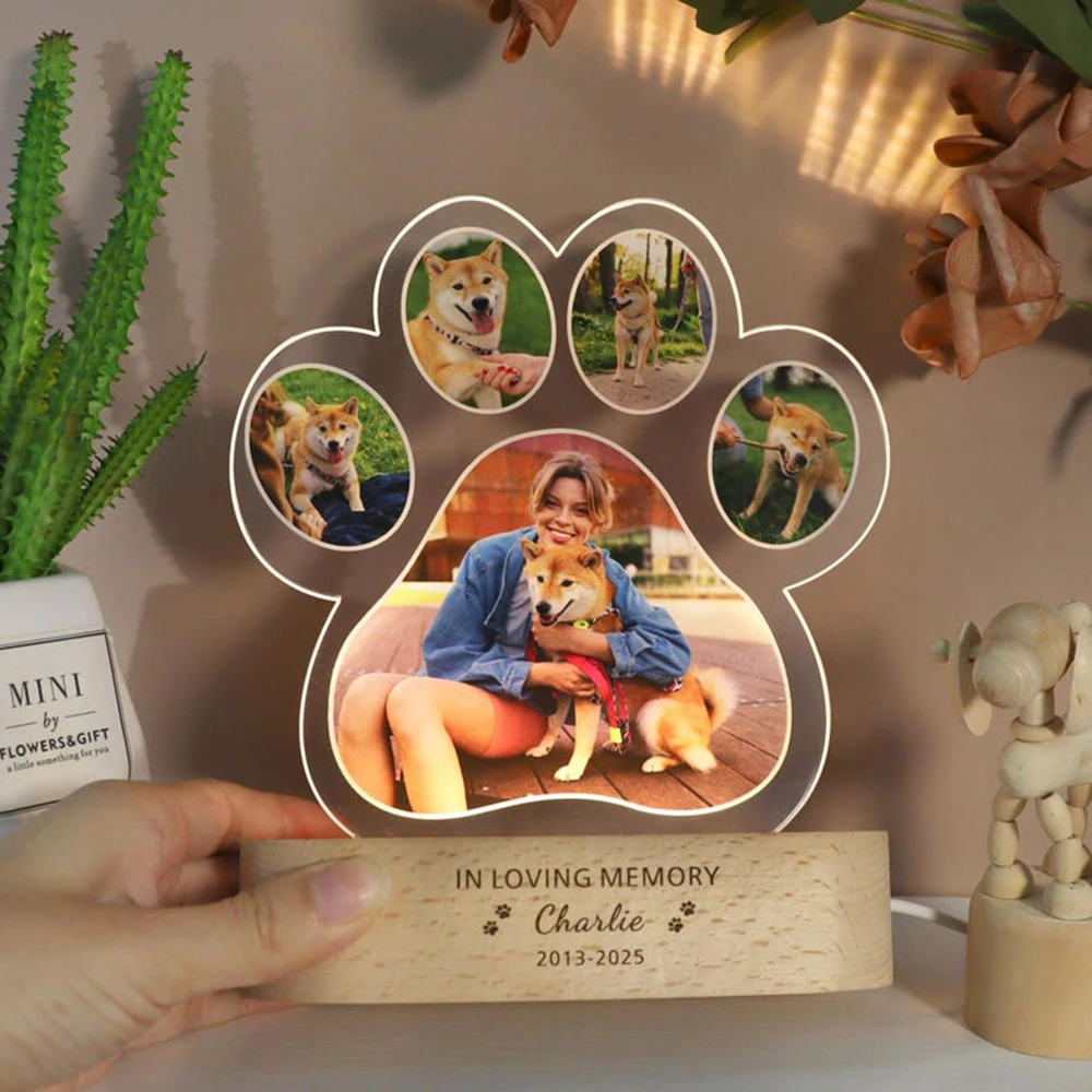 Custom Pet Photo Night Light Wooden Base Dog Memorial Remembrance Gift LED Soft Light Home Decoration Personalized Sympathy Gift thumbnail 4