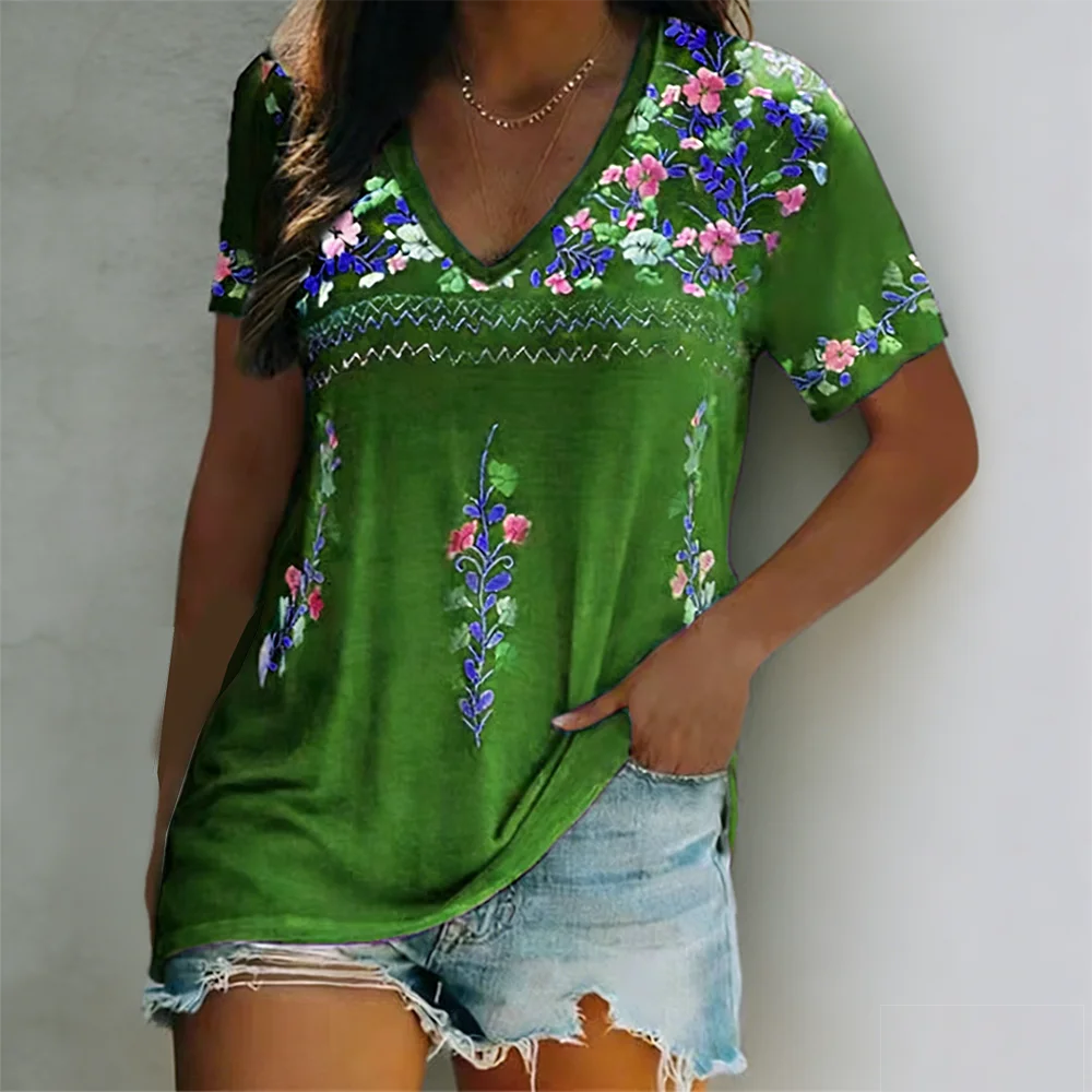 2026 New European & American Women's Summer Collection | Bohemian Printed V-Neck Short Sleeve T-Shirt