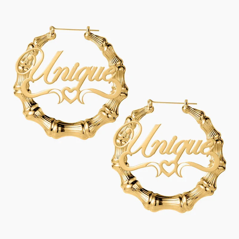 Personalized 18K Plated Bamboo Hoop Earrings - Custom Nameplate Large Gold Hoops for Women, Hip Hop Style Jewelry Gift
