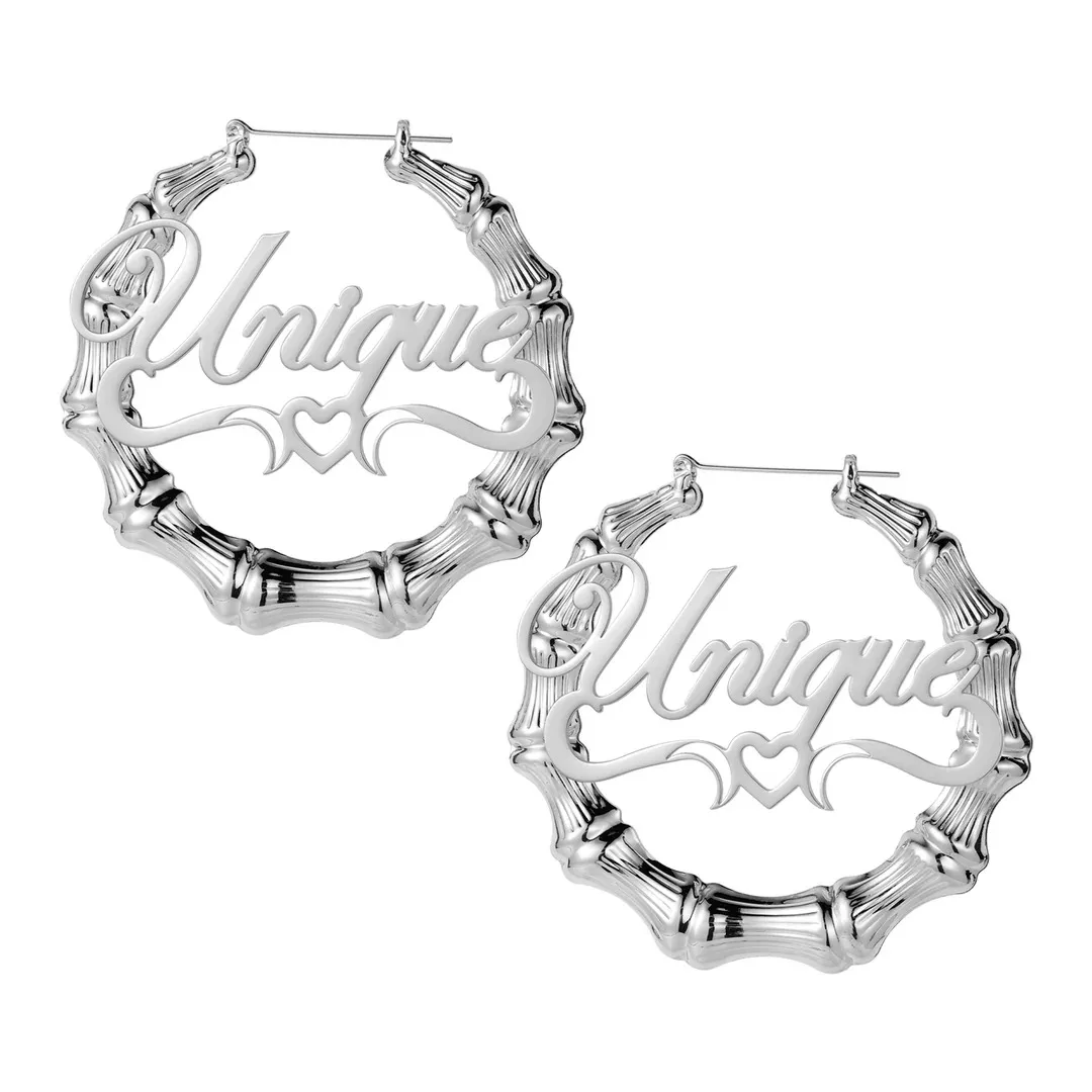 Personalized 18K Plated Bamboo Hoop Earrings - Custom Nameplate Large Gold Hoops for Women, Hip Hop Style Jewelry Gift thumbnail 4
