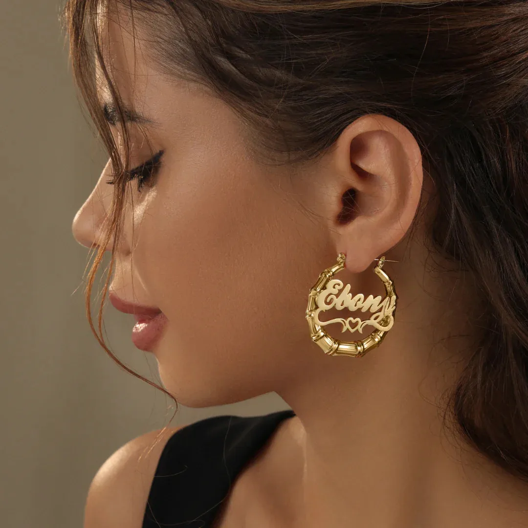 Personalized 18K Plated Bamboo Hoop Earrings - Custom Nameplate Large Gold Hoops for Women, Hip Hop Style Jewelry Gift thumbnail 2