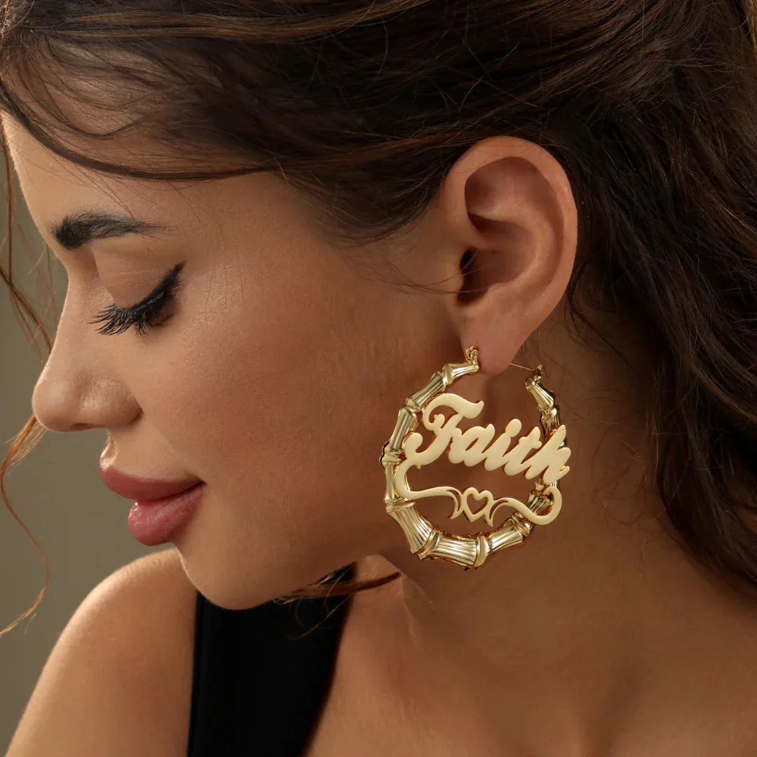 Personalized 18K Plated Bamboo Hoop Earrings - Custom Nameplate Large Gold Hoops for Women, Hip Hop Style Jewelry Gift thumbnail 3