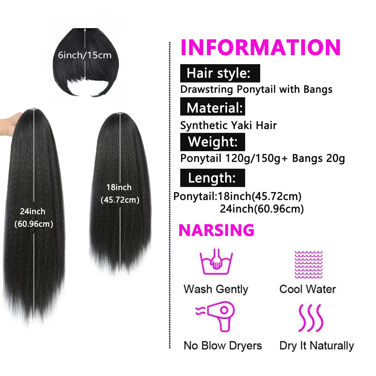 Yaki Straight Clip-In Ponytail Extension with Bangs for - Heat-Resistant Synthetic Hairpiece, Looking Drawstring Ponytails thumbnail 4