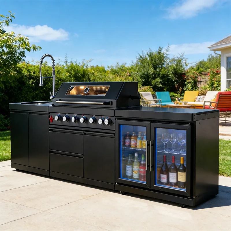 Stainless Steel Outdoor Kitchen With BBQ And Fridge With Grill Cooktop Sink Fridge Rolling Movable On Wheels For Backyard Patio