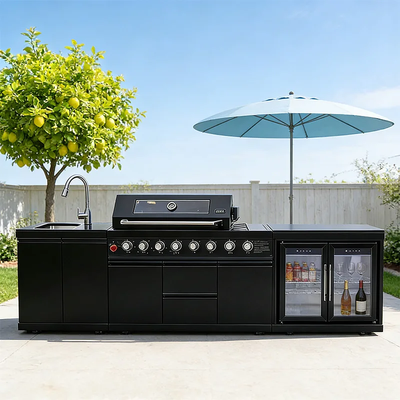 Stainless Steel Outdoor Kitchen With BBQ And Fridge With Grill Cooktop Sink Fridge Rolling Movable On Wheels For Backyard Patio thumbnail 2
