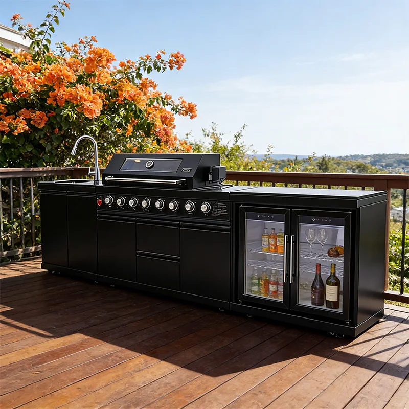 Stainless Steel Outdoor Kitchen With BBQ And Fridge With Grill Cooktop Sink Fridge Rolling Movable On Wheels For Backyard Patio thumbnail 3