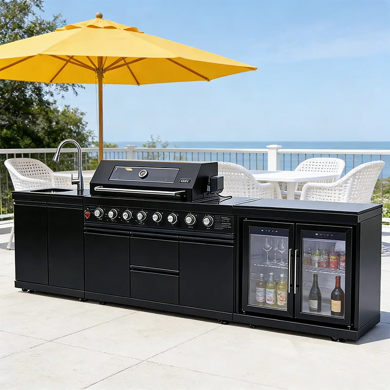 Stainless Steel Outdoor Kitchen With BBQ And Fridge With Grill Cooktop Sink Fridge Rolling Movable On Wheels For Backyard Patio thumbnail 4