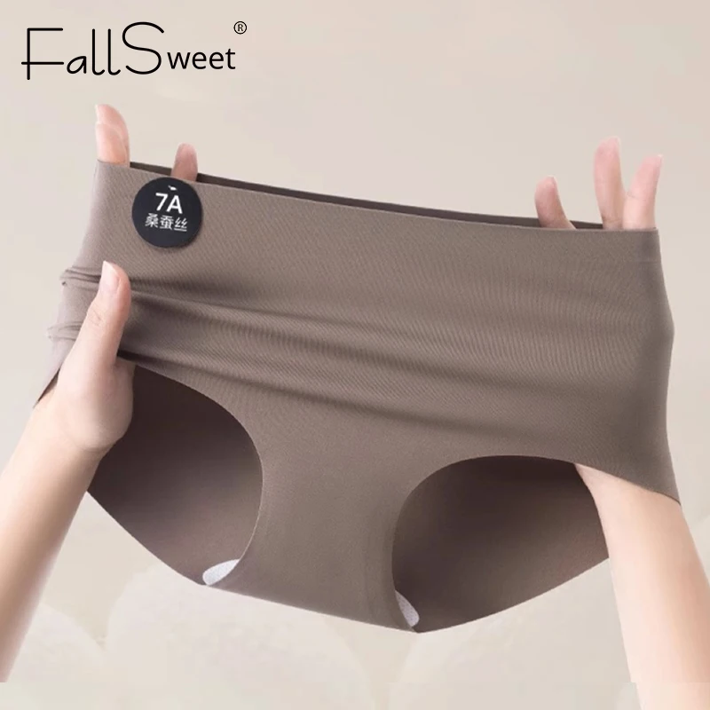 Falllsweet 4Pcs Women Seamless Silk Panties Soft Thin Female Underwear Sexy Mid-Rise Briefs Ice Silk Underpants Lingerie M-2XL thumbnail 3
