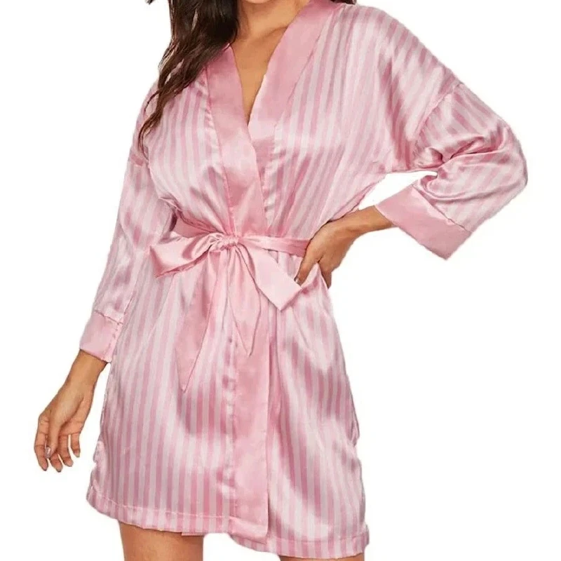 Women's Sexy Lingerie Robe Pink Striped Satin Short Nightwear Bathrobe Sleepwear Homewear Bridesmaid For Ladies Pajama party thumbnail 5