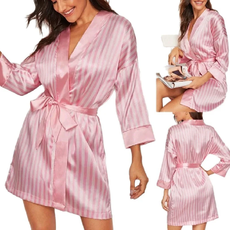 Women's Sexy Lingerie Robe Pink Striped Satin Short Nightwear Bathrobe Sleepwear Homewear Bridesmaid For Ladies Pajama party thumbnail 6
