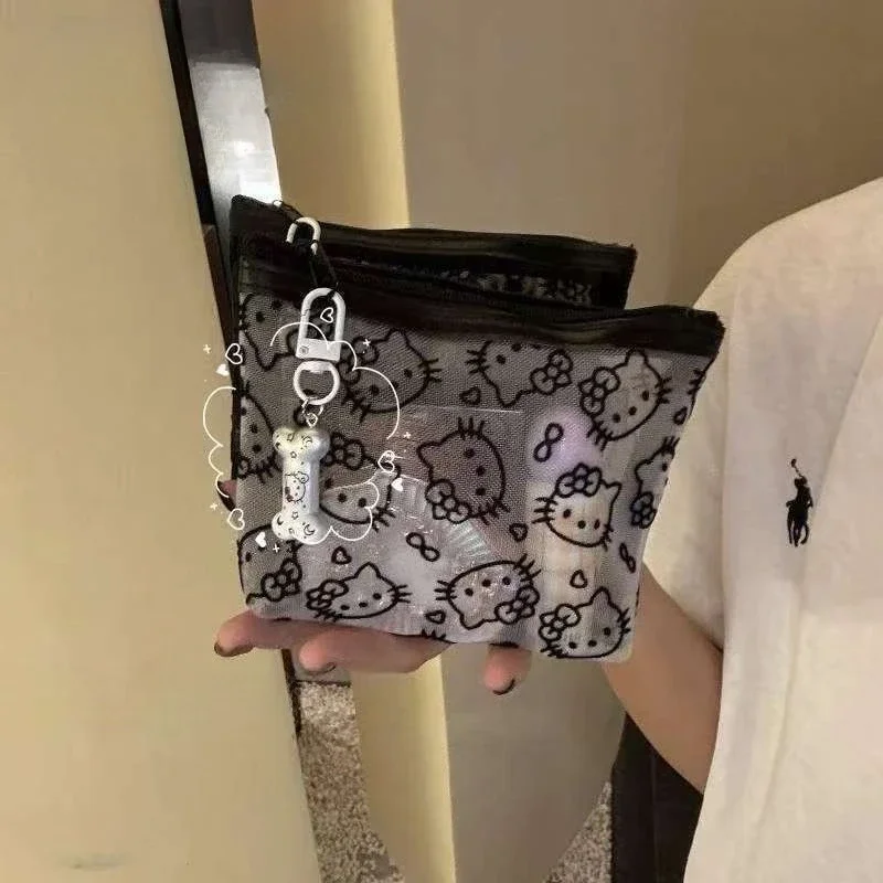 Kawaii Hello Kitty Cosmetic Bag Anime Cartoon KT Cat Mesh Style Portable Coin Purse Earphone Storage Bag Holiday Gifts thumbnail 5