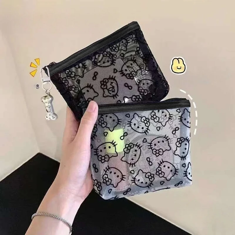 Kawaii Hello Kitty Cosmetic Bag Anime Cartoon KT Cat Mesh Style Portable Coin Purse Earphone Storage Bag Holiday Gifts