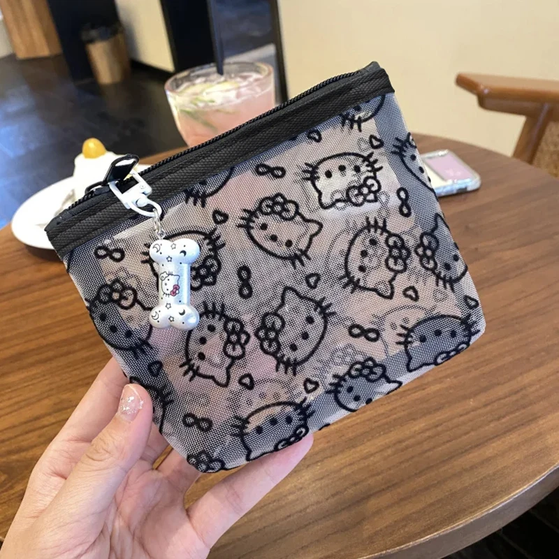 Kawaii Hello Kitty Cosmetic Bag Anime Cartoon KT Cat Mesh Style Portable Coin Purse Earphone Storage Bag Holiday Gifts thumbnail 3