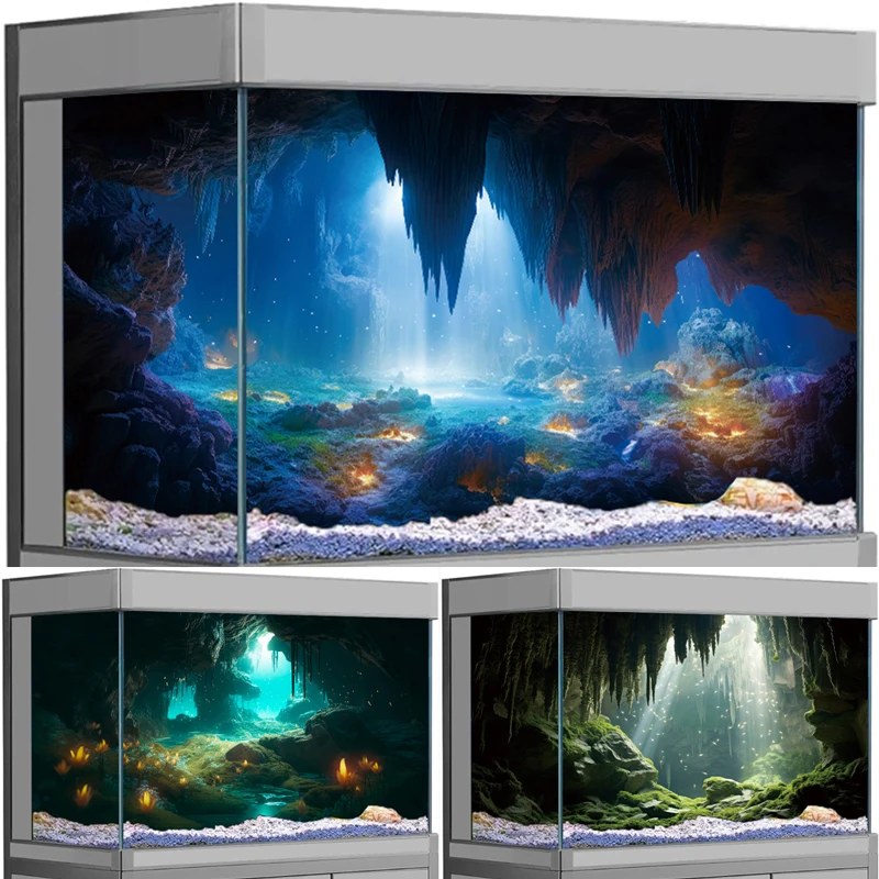 Aquarium Background Poster 3D Underwater Cave Landscape Fish Tank Sticker HD Self-adhesive Decor Waterproof PVC Material