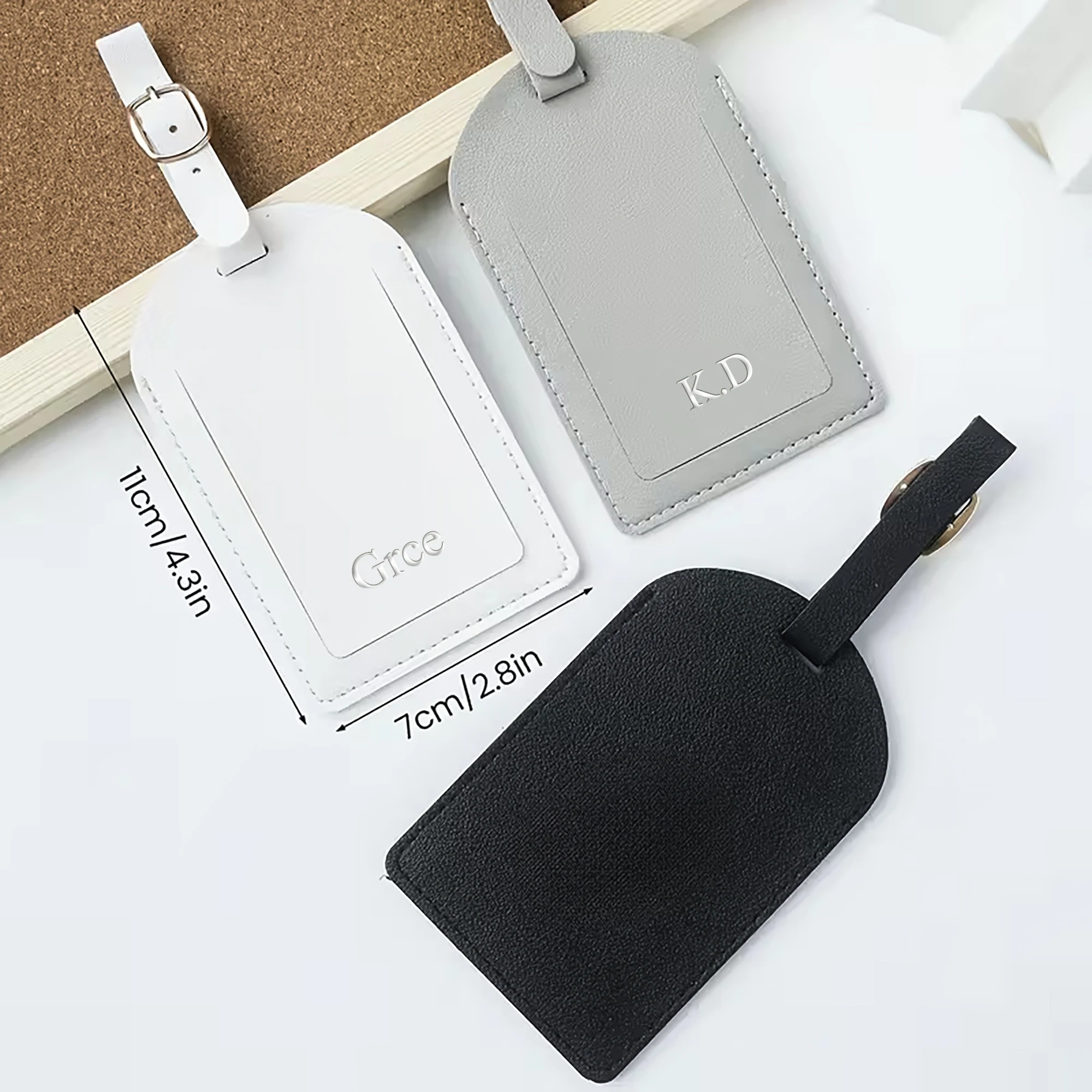 Customizable Engraved Silver Carving Lettering PU Artificial leather Luggage Tag With Metal Buckles Prevent Loss Privacy Cover thumbnail 3
