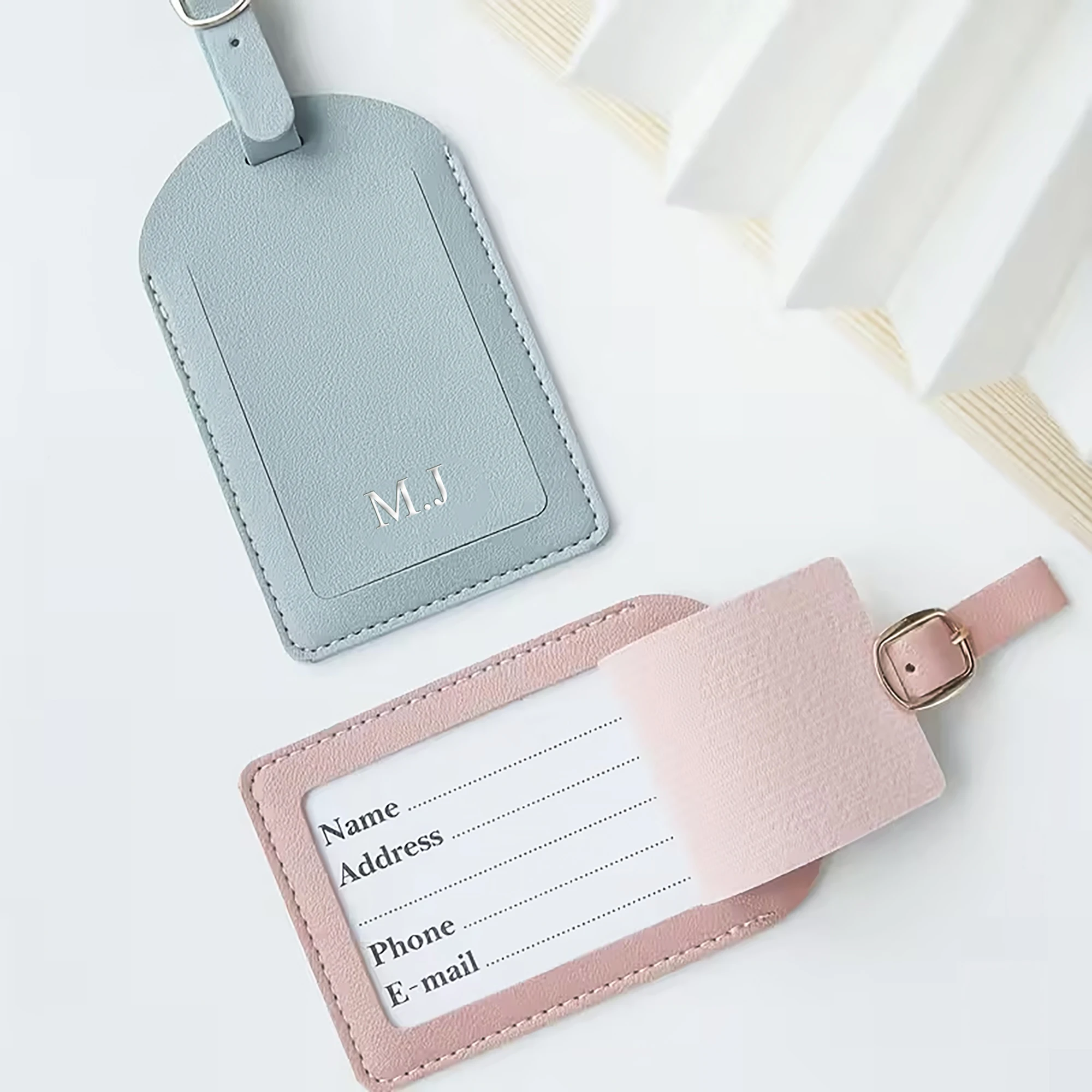 Customizable Engraved Silver Carving Lettering PU Artificial leather Luggage Tag With Metal Buckles Prevent Loss Privacy Cover thumbnail 4