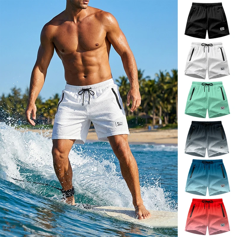 Men's Seersucker Beach Shorts with Mesh Liner Summer Casual Board Shorts with Zipper Pockets Quick Dry Swim Shorts Swim Trunks