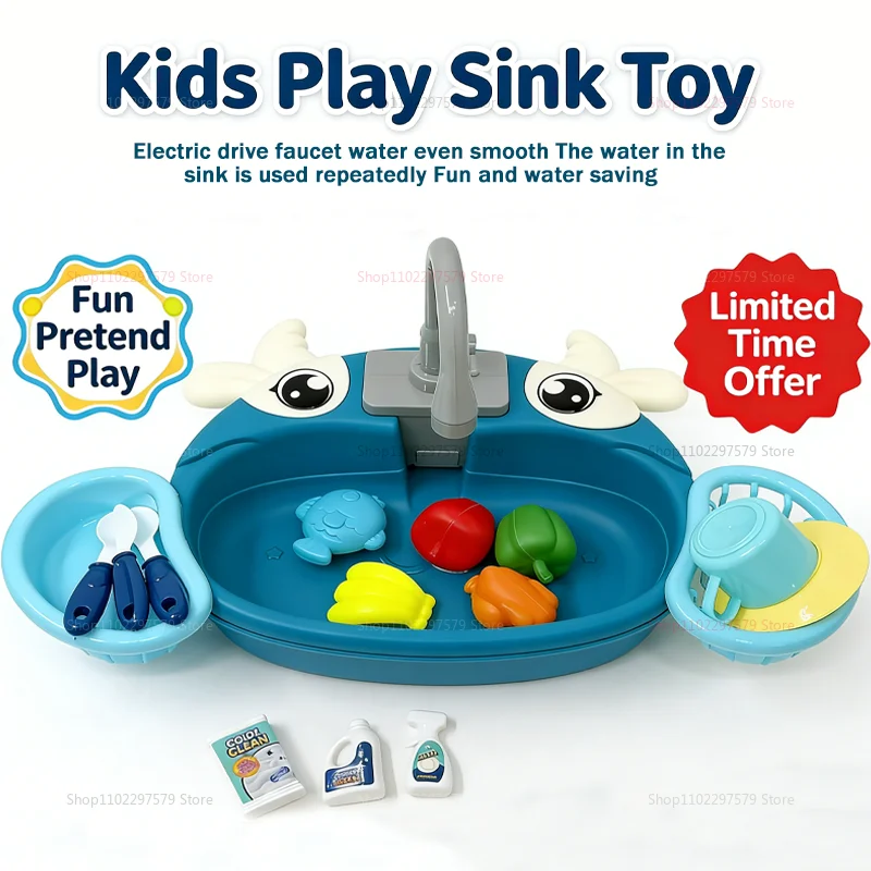 Children Play Kitchen Set Simulated Dishwasher Sink Hand Basin with Electric Circulating Water Toy for Boys Girls Birthday Gifts