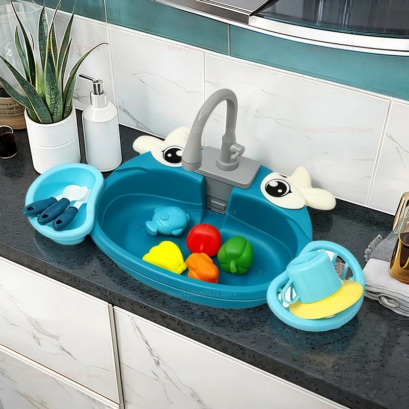 Children Play Kitchen Set Simulated Dishwasher Sink Hand Basin with Electric Circulating Water Toy for Boys Girls Birthday Gifts thumbnail 6