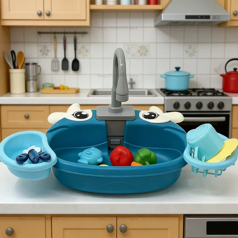 Children Play Kitchen Set Simulated Dishwasher Sink Hand Basin with Electric Circulating Water Toy for Boys Girls Birthday Gifts thumbnail 2