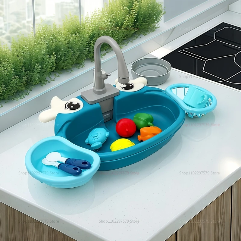 Children Play Kitchen Set Simulated Dishwasher Sink Hand Basin with Electric Circulating Water Toy for Boys Girls Birthday Gifts thumbnail 4