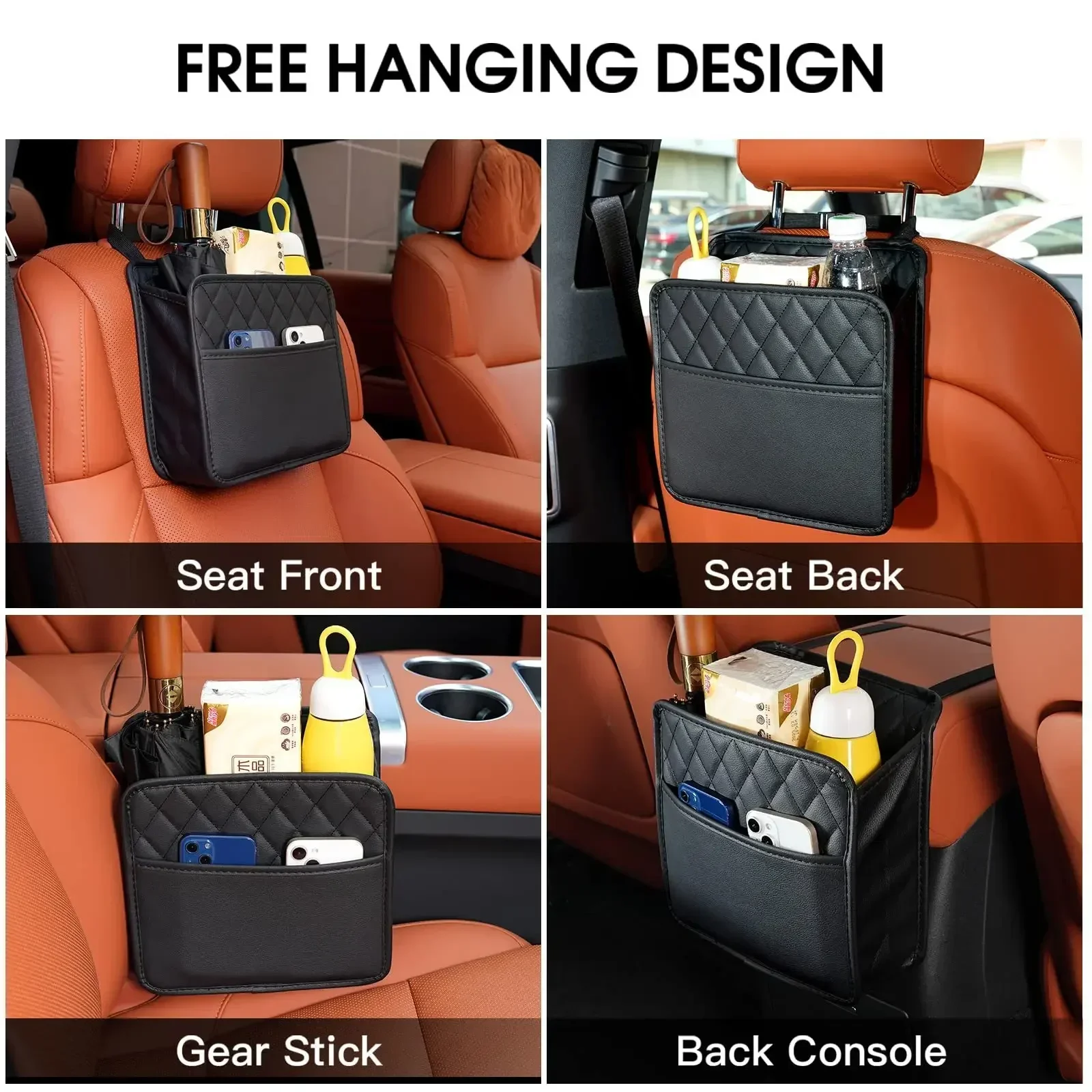 Universal Car Seat Back Organizer PU Leather Storage Bag Multi-Pocket Design Waterproof Tissue Holder Cup Holder Garbage Pocket thumbnail 4