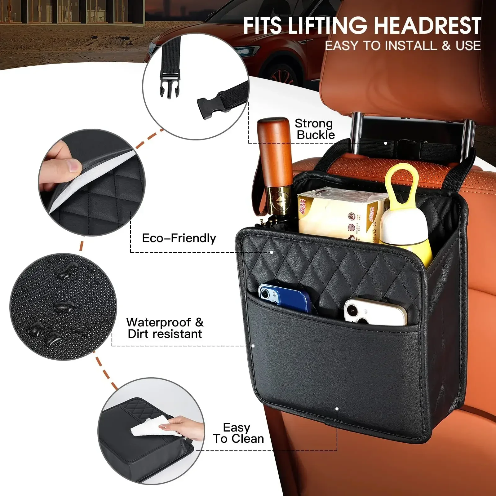 Universal Car Seat Back Organizer PU Leather Storage Bag Multi-Pocket Design Waterproof Tissue Holder Cup Holder Garbage Pocket thumbnail 3