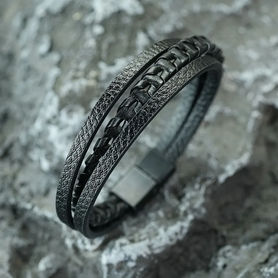 Hiphop Rock PU Leather Bracelet Man Apparel Accessories Three Layers Magnetic Clasp Chain Charm Braslet Punk Homme Hand Jewelry thumbnail 3