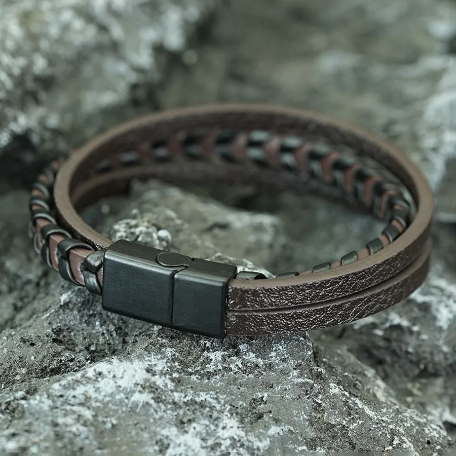 Hiphop Rock PU Leather Bracelet Man Apparel Accessories Three Layers Magnetic Clasp Chain Charm Braslet Punk Homme Hand Jewelry thumbnail 4