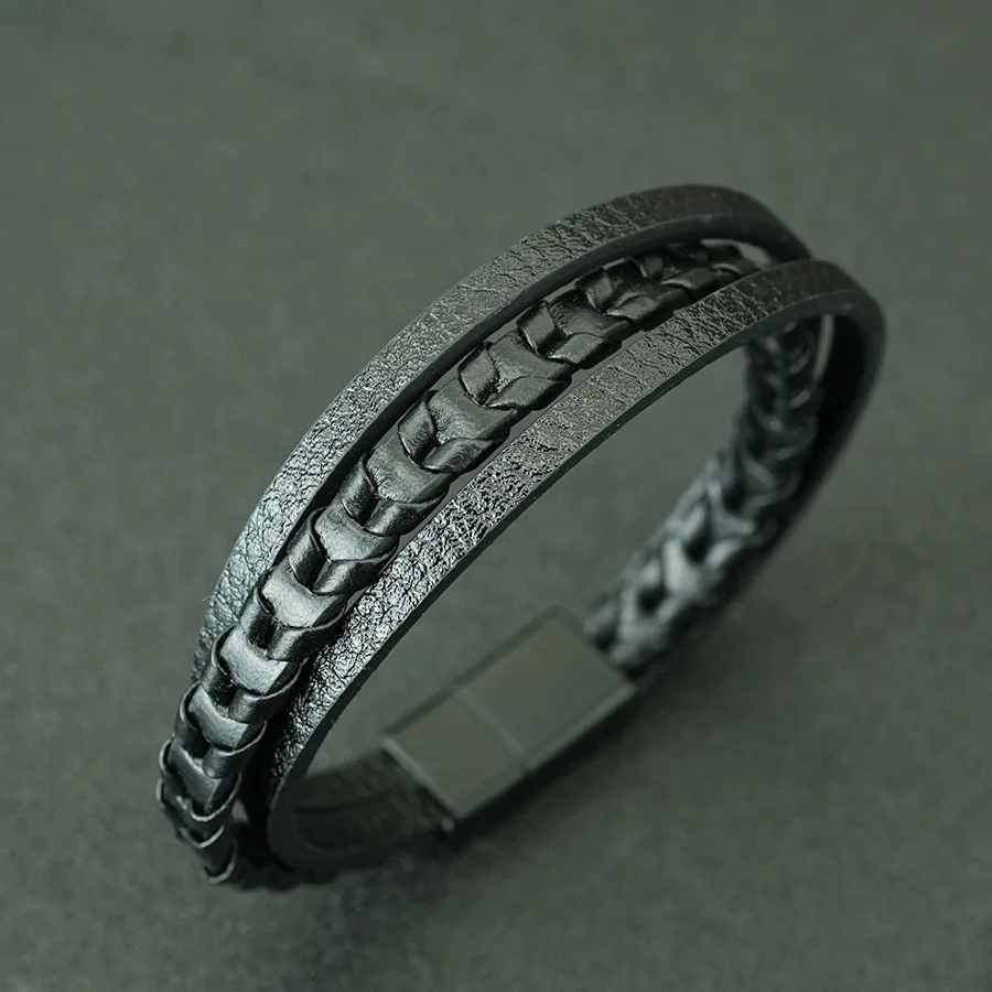 Hiphop Rock PU Leather Bracelet Man Apparel Accessories Three Layers Magnetic Clasp Chain Charm Braslet Punk Homme Hand Jewelry thumbnail 6
