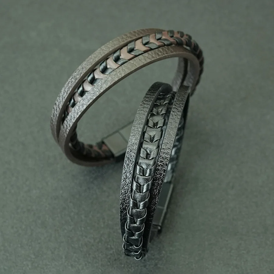 Hiphop Rock PU Leather Bracelet Man Apparel Accessories Three Layers Magnetic Clasp Chain Charm Braslet Punk Homme Hand Jewelry thumbnail 2