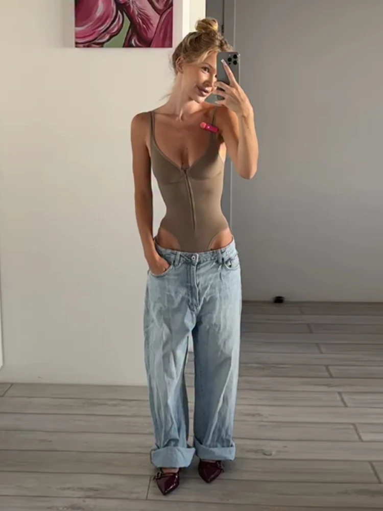 Fashion Solid Sleeveless Bodysuit For Women Elegant V-neck Zipper Slim Stretchy Tops Lady 2026 Spring Summer Chic Party Tank Top thumbnail 2