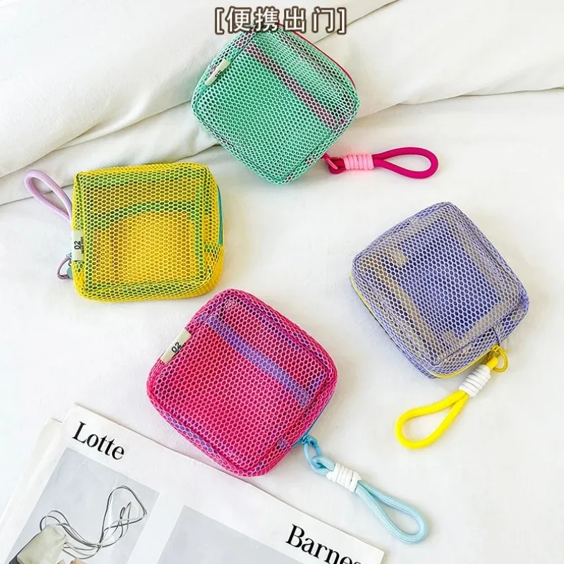 Mini Coin Purse Portable Mesh Makeup Bag Dopamine Mesh Cloth Money Lipstick Eyeshadow Storage Bag for Travelling Shoping