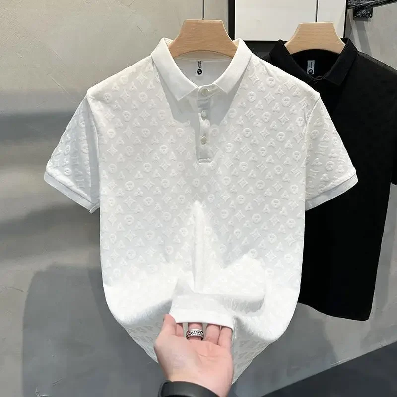 Summer New Men's Lop-up Hollow Short-sleeved Polo Tee Shirt Ice Silk Breathable Business Fashion T-Shirt Male Brand Clothes thumbnail 6